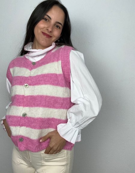 Chaleco Punto Rayas Rosa y Beige