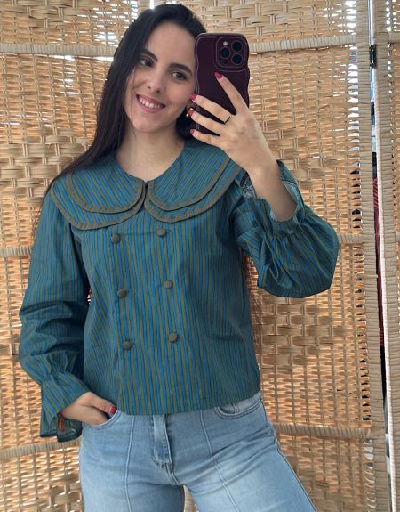 Blusa Cuello Rayas - Azul y verde