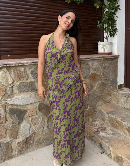 Vestido volantes verde y morado